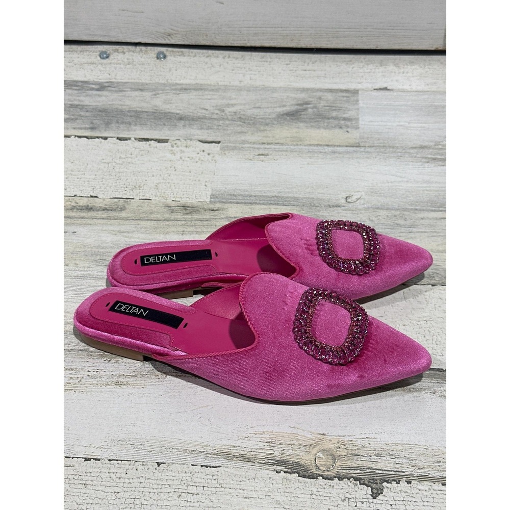 Deltan Mules Women Size 9 Fuchsia Pink Velvet Rhinestone Buckle Pointed Toe EUC